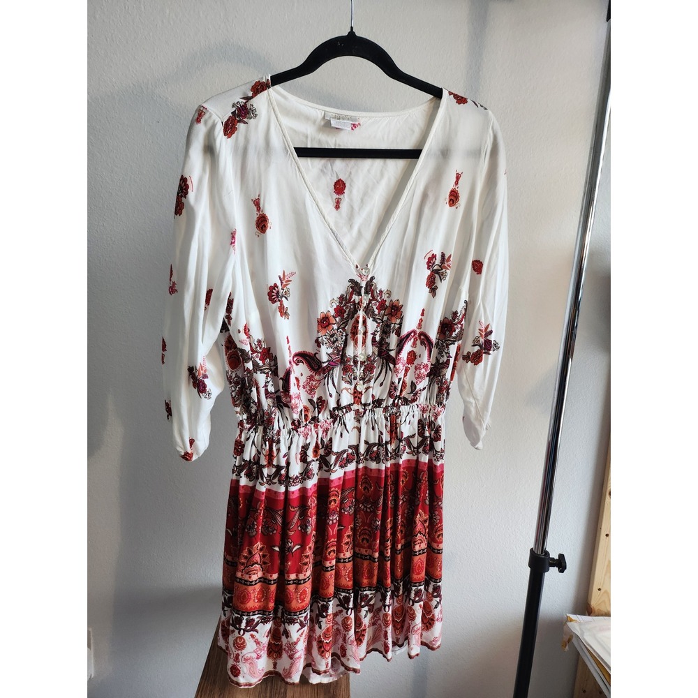 City Chic Dress XXS/12 White Red Floral Print Bohemian Mini 3/4 Sleeve